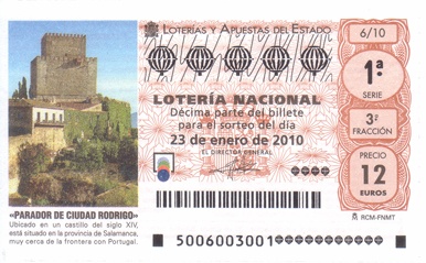 Parador de Ciudad Rodrigo en un billete de Lotería Nacional