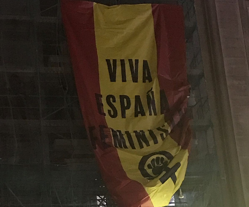 Una bandera de España agita la manifestación feminista