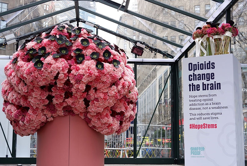 Un cerebro gigante hecho con flores para combatir adicciones