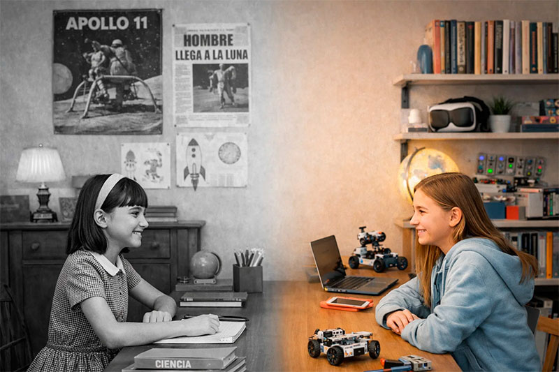 Conversación entre dos niñas de diferentes épocas creadas con IA