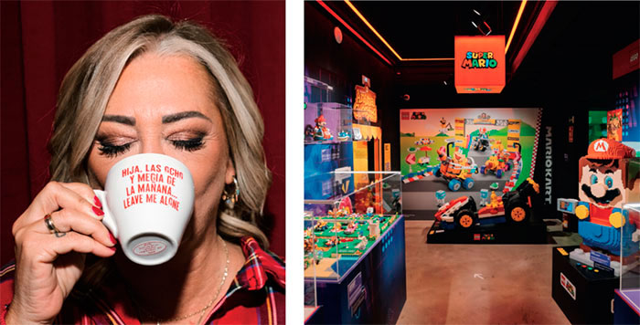 Colección cápsula de souvenirs de Beefeater de la mano de Belén Esteban y foto de LEGO® Gaming: The Exhibition, en OXO Museo del Videojuego Madrid.