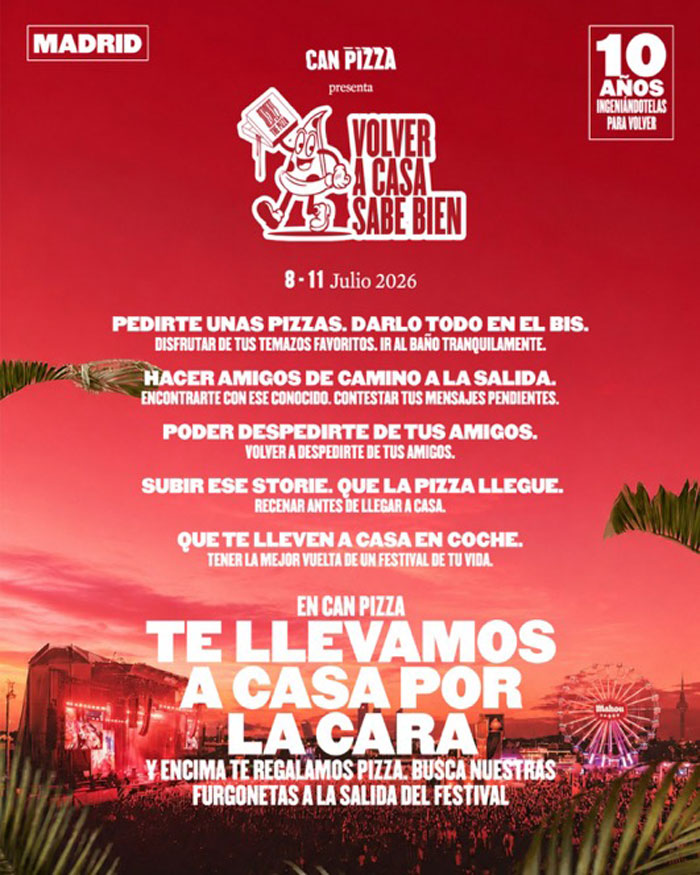 Cartel “El lineup de la vuelta a casa” de Can Pizza en Mad Cool 2026.