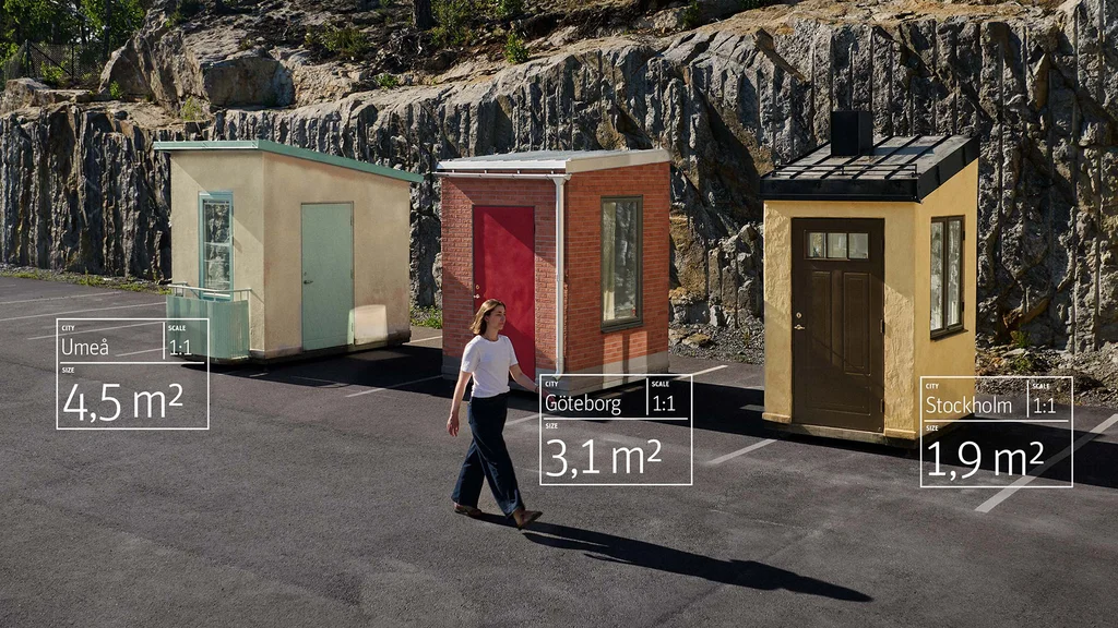 Tres viviendas mínimas de Riksbyggen según la renta de cada ciudad: Umeå 4,5 m², Göteborg 3,1 m² y Estocolmo 1,9 m²